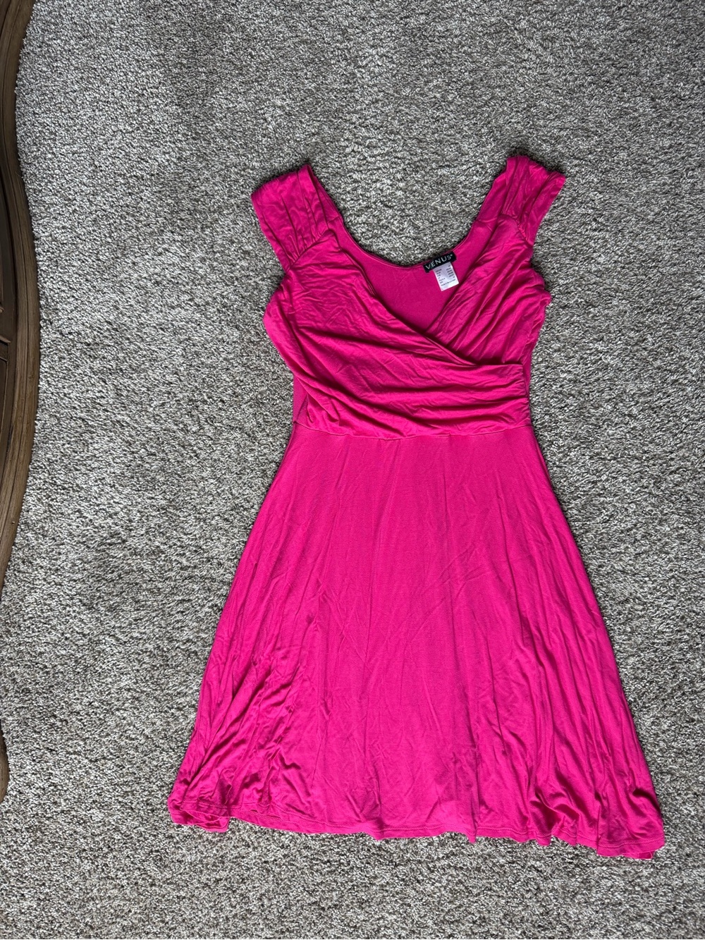 Fuchsia Cap Sleeve V-Neck Ruched Fit & Flare Dress